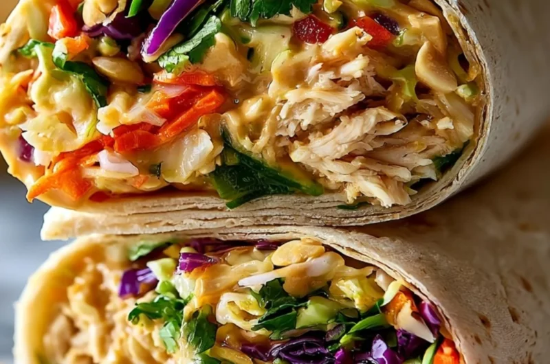 Thai Peanut Chicken Wraps with fresh vegetables and peanuts