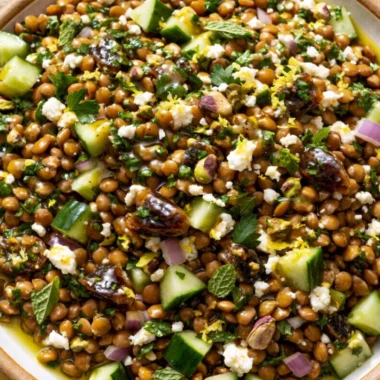 Cozy lentil salad topped with feta cheese in a bowl