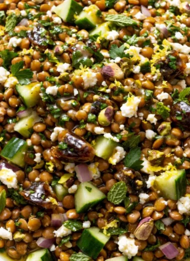 Cozy lentil salad topped with feta cheese in a bowl
