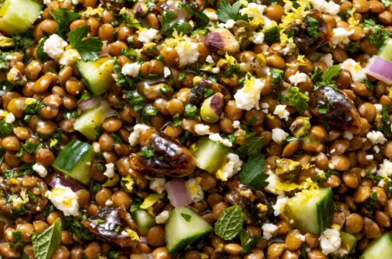 Cozy lentil salad topped with feta cheese in a bowl