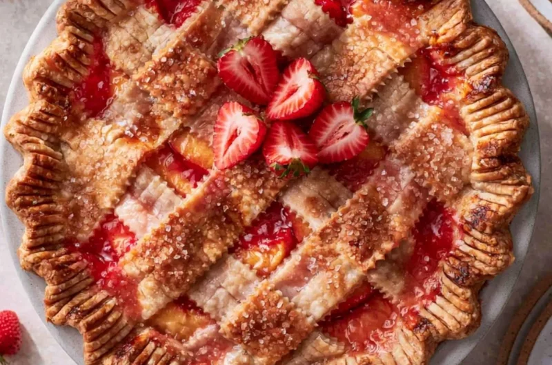 Brown butter strawberry peach pie with fresh strawberries and peaches