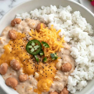 Creamy and cheesy pinto beans served in a bowl with toppings.