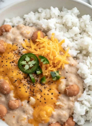 Creamy and cheesy pinto beans served in a bowl with toppings.