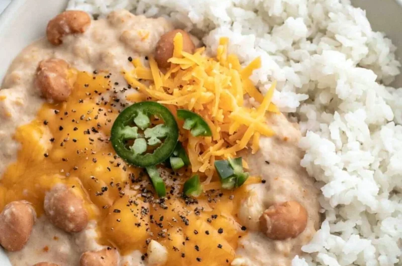Creamy and cheesy pinto beans served in a bowl with toppings.