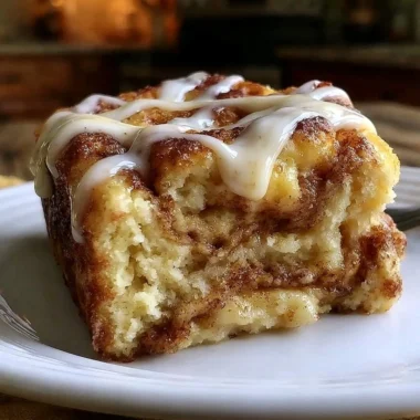 Delicious slice of cinnamon roll coffee cake on a plate