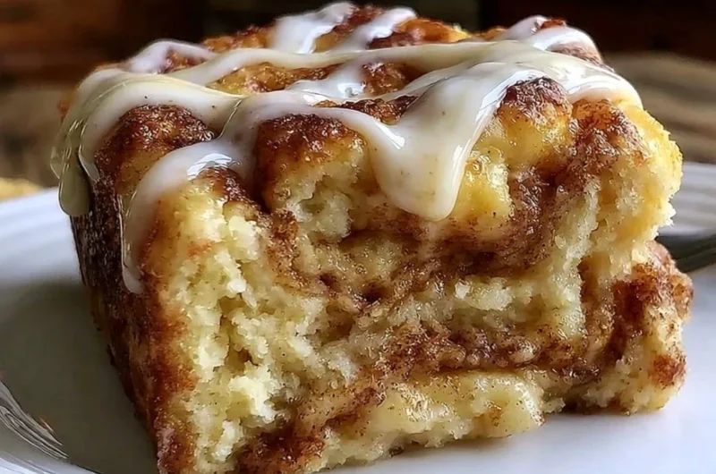 Delicious slice of cinnamon roll coffee cake on a plate