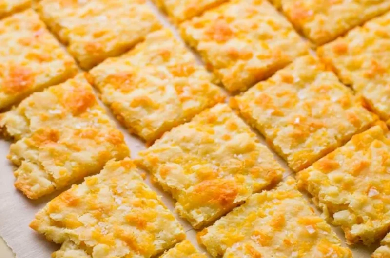 Cozy homemade sourdough crackers topped with cheddar cheese