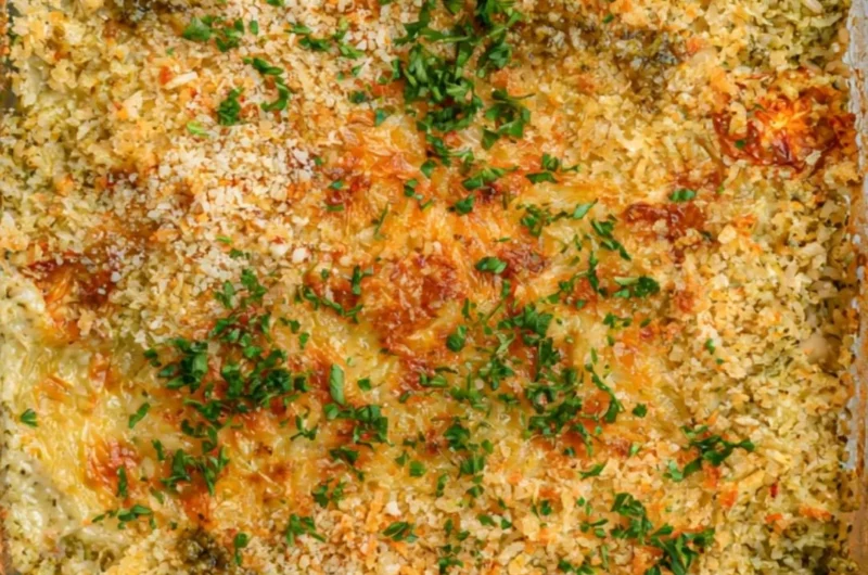 Cozy white bean pesto bake topped with fresh basil and cheese