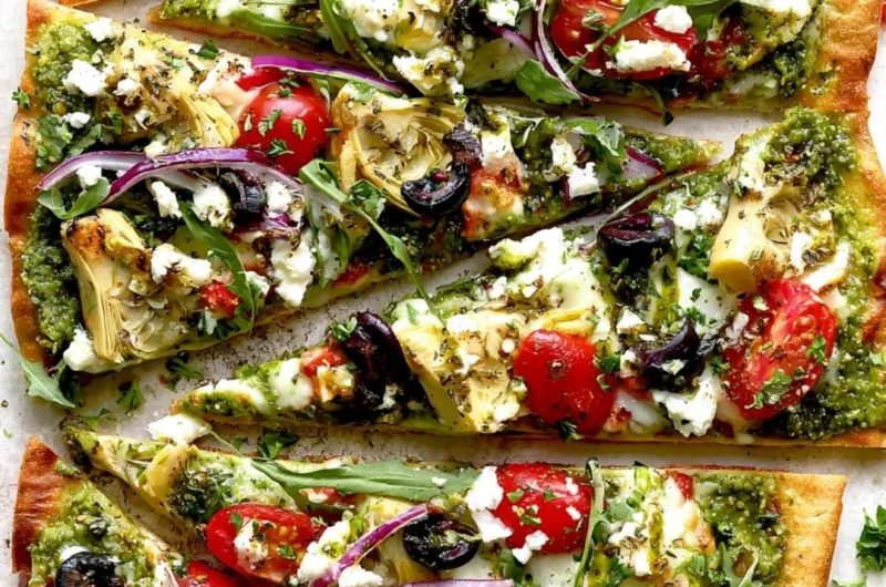 A delicious Mediterranean flatbread pizza topped with fresh vegetables and herbs.