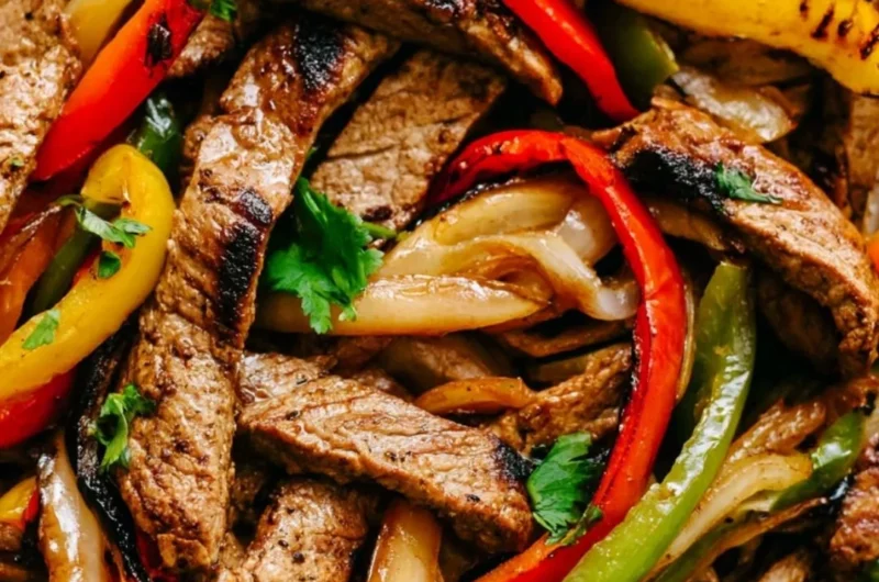 Skillet steak fajitas with colorful bell peppers and onions in a cast-iron skillet