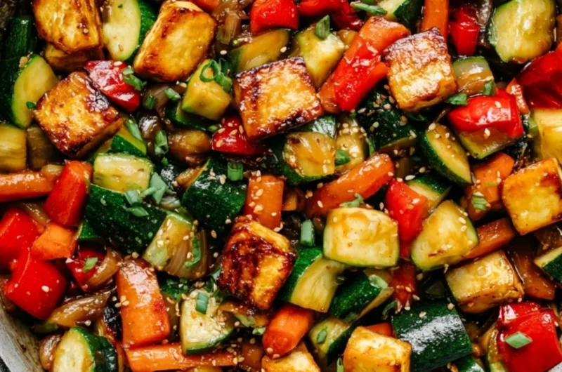 Delicious zucchini stir fry with tofu served in a colorful bowl.