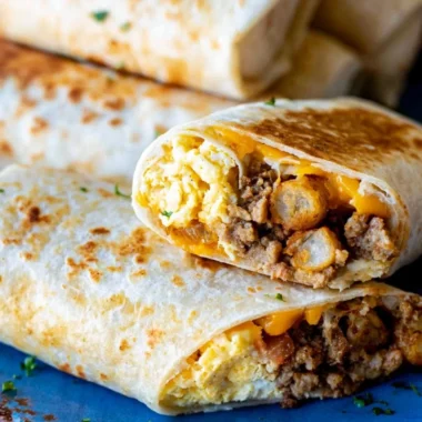 A tray of delicious make-ahead breakfast burritos ready to serve