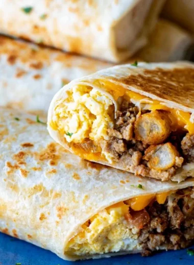 A tray of delicious make-ahead breakfast burritos ready to serve