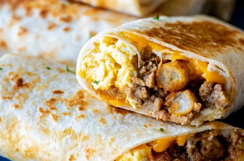 A tray of delicious make-ahead breakfast burritos ready to serve