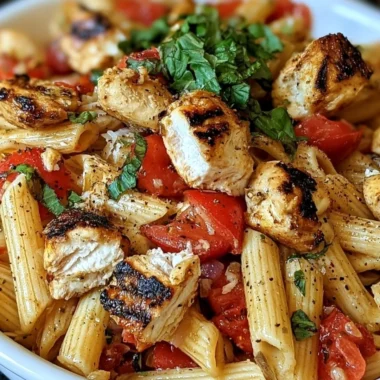 Delicious Bruschetta Chicken Pasta served with fresh tomatoes and basil.
