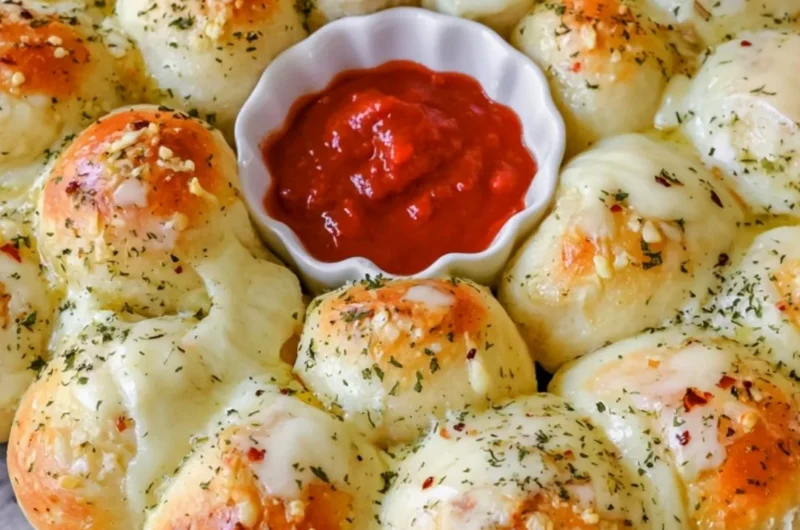 Cheesy garlic monkey bread fresh from the oven, golden and gooey.