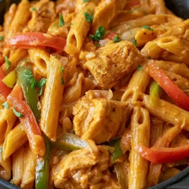 Creamy chicken fajita pasta dish with colorful vegetables in a bowl