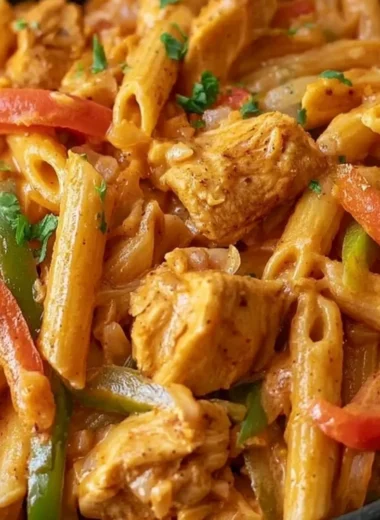 Creamy chicken fajita pasta dish with colorful vegetables in a bowl