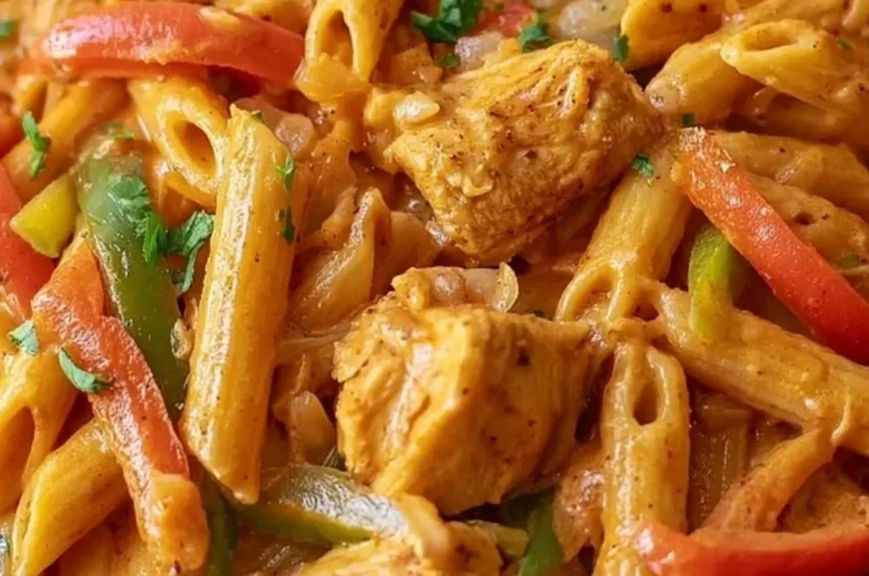 Creamy chicken fajita pasta dish with colorful vegetables in a bowl