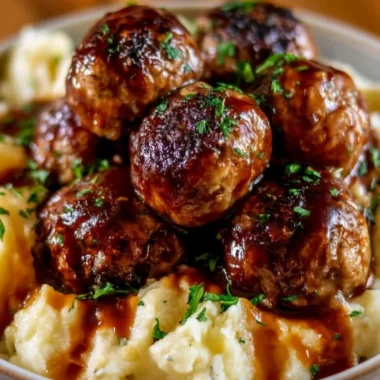 Cozy Salisbury steak meatballs served with creamy garlic herb mashed potatoes.