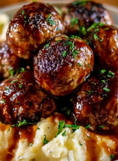 Cozy Salisbury steak meatballs served with creamy garlic herb mashed potatoes.