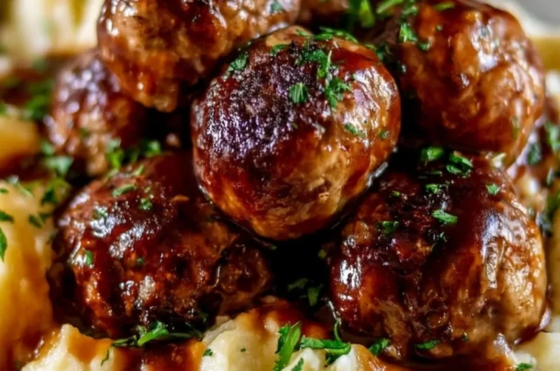 Cozy Salisbury steak meatballs served with creamy garlic herb mashed potatoes.