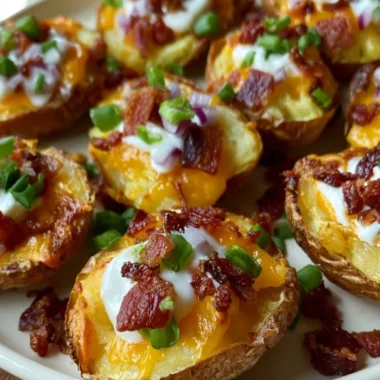 Delicious loaded mini potato bites served with toppings for a savory snack.
