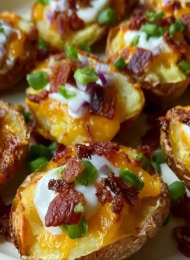 Delicious loaded mini potato bites served with toppings for a savory snack.