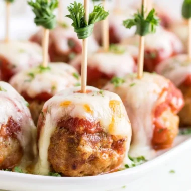 Delicious Meatball Marinara Poppers appetizer served on a platter.